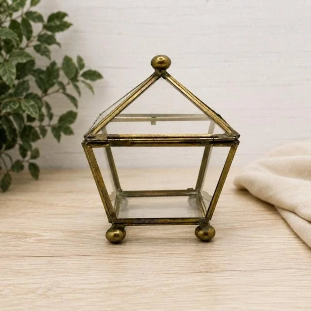 Vintage Brass Glass Terrarium Trinket Box Pyramid Lid Footed 4